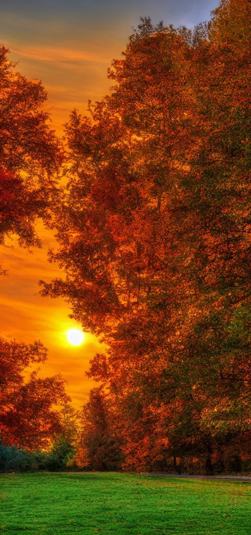 Image similar to Sunset on an autumn day in the park. 8k resolution. digital art by Robert Kurvitz.