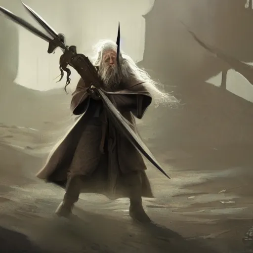 Prompt: gandalf screaming and shooting with a machine gun, fantasy concept art, very detailed, trending on artstation, 4k