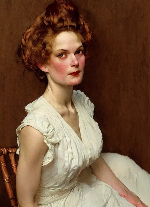 Image similar to illustration upper body and head portrait of elegant woman in summer dress, by norman rockwell, roberto ferri, daniel gerhartz, tom lovell, dean cornwell