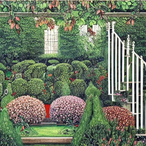 Image similar to Hyperrealism traditional english garden painting by MC Escher