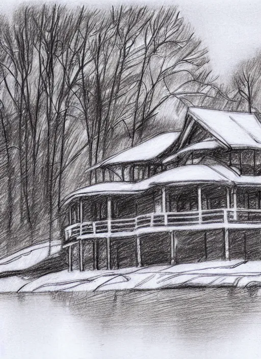 Image similar to a lake house in winter, loose pencil sketch, sketchy, concept art,