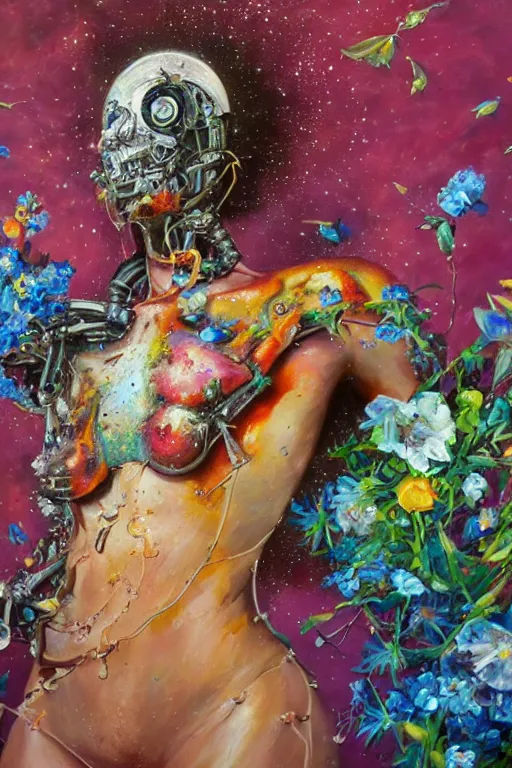 Image similar to oil painting, close-up, hight detailed, melting cyborg with flowers everywhere at red planet, in style of 80s sci-fi art, neodada
