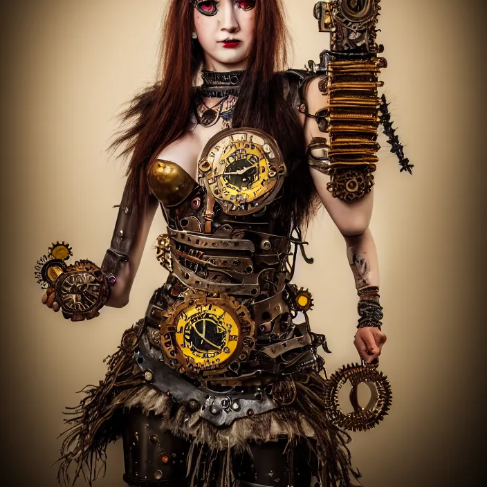 Image similar to full length portrait photograph of a real-life beautiful woman clockpunk warrior. Extremely detailed. 8k