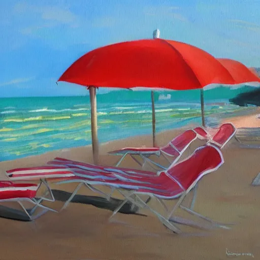 Image similar to an italian beach full of umbrellas and sun chairs, oil painting