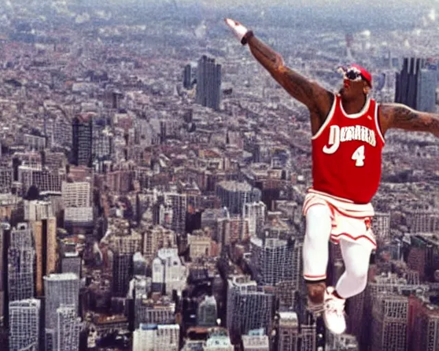 Image similar to dennis rodman t-posing in the air like jordan. he is flying over the city like a delicate little dove