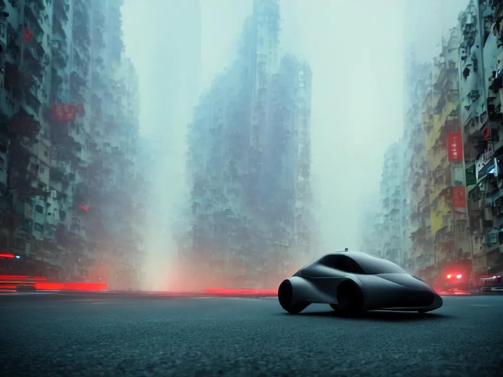 Image similar to movie still of a flying car in the middle of a foggy hong kong street, artstation, volumetric light, high detail, reflections, perfect, concept art, hdr, 8 k