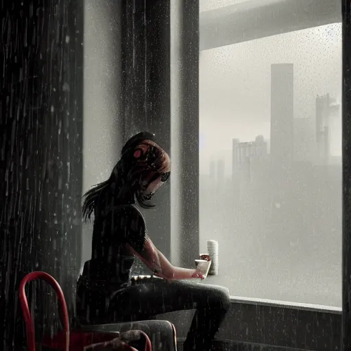 Image similar to A young woman sitting inside a cafe looking out of a window while it's raining outside, nighttime, cyberpunk, ultra realistic, concept art, intricate details, eerie, highly detailed, photorealistic, octane render, 8k, unreal engine, art by Bjorn Hurri