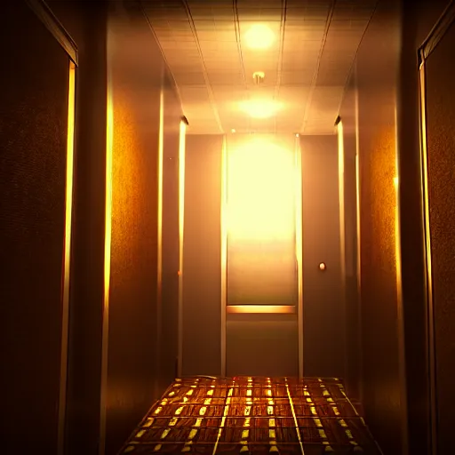 Image similar to Creepy Elevator, Volumetric Lighting, Anamorpic Lens, Cinematic Lighting, Hyperrealistic Rendering, Hyperdetailed, Intricate Details, Dynamic Lights, Raytracing