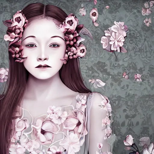 Image similar to renaissance, realistic, portrait of a creepy young lady pink cheeks wearing renaissance manga dress pale grey and white flowers skulls, background chaotic flowers