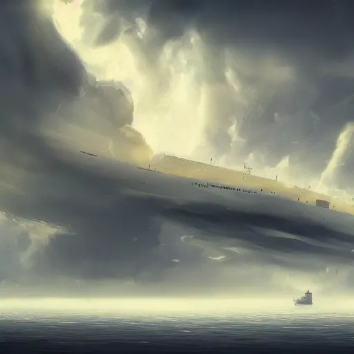 Image similar to large lonely ship drifting amongst the clouds and fog with heavy dark storm beautiful Concept art