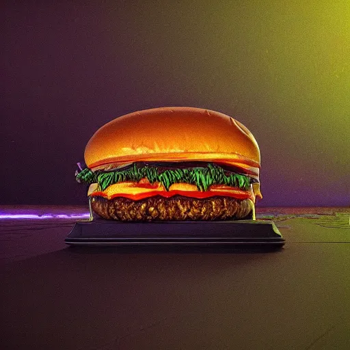 Image similar to photorealistic demonic cheeseburger in the style of michael whelan and gustave dore. hyperdetailed photorealism, 1 0 8 megapixels, amazing depth, glowing rich colors, powerful imagery, psychedelic overtones, 3 d finalrender, 3 d shading, cinematic lighting, artstation concept art