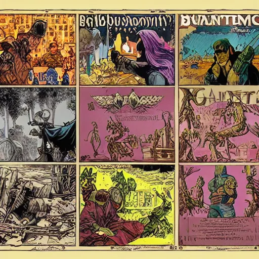 Prompt: precisely drawn illustration of parchment bounty posters posted on wooden board, wide angle, sharp, fine details, French comic style, vibrant realistic colors, full color, heroic fantasy, intense line art, 8k, precise linework, realistic, in the style of Heavy Metal Comics and Richard Corben and Moebius