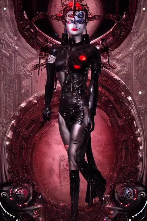 Prompt: full-body cyberpunk style sculpture of a young beautiful dark priestess, half android with a head opening exposing circuitry, glowing red eyes, black roses, flowing blood red colored silk, fabric. candles. baroque elements, human skull. full-length view. baroque element. intricate artwork by caravaggio. crows flying in background. Trending on artstation. octane render. cinematic lighting from the right, hyper realism, octane render, 8k, depth of field, 3D