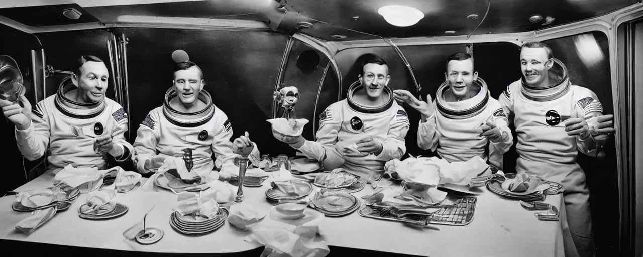 Prompt: 1 9 6 0's astronauts eating spaghetti on their way to the moon, ultra - realistic faces, fine detail, anon 5 0 mm, in the style of diane arbus, in the style of wes anderson, kodachrome, retro