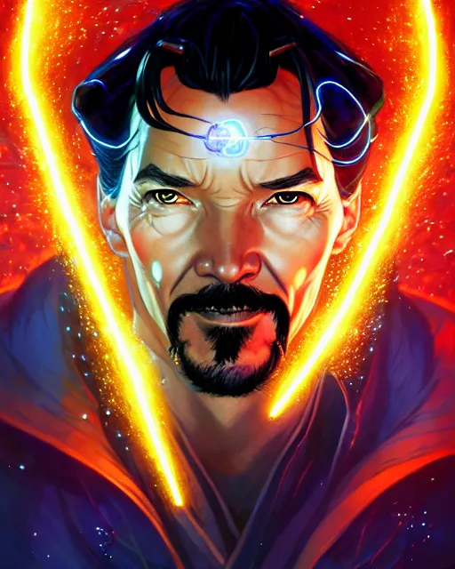 Image similar to a character portrait of dr. strange with glow, surrounded with spiriling sparkling flash crystals and galaxies, by jesper ejsing, aleksi briclot, hyper light drifter, by ilya kuvshinov katsuhiro, jim burns, ed emshwiller, greg rutkowski, trending on artstation