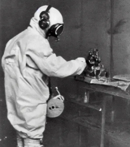 Image similar to man in a anti-radiation hazmat suit and optical gasmask holding geiger counter, ww1 film photo, grainy, high detail, high resolution