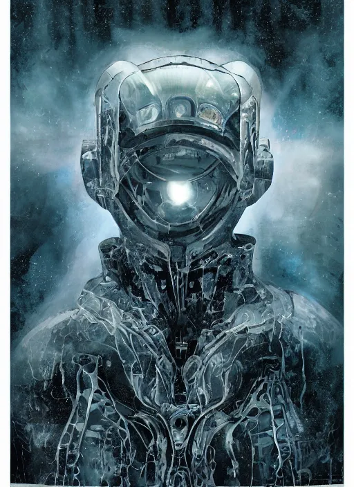 Image similar to symmetrical astronauts in dark and empty void underwater - complex and hyperdetailed technical suit. reflection and dispersion materials. rays and dispersion of light. volumetric light. 5 0 mm, f / 3 2. noise film photo. flash photography. ultra realistic, wide angle. poster by wayne barlowe, hajime sorayama aaron horkey, craig mullins