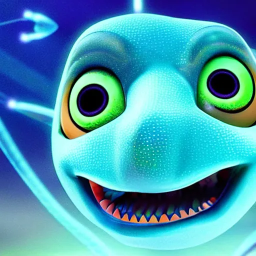 Image similar to smiling baby fish - aquatic tron dinosaurs with glowing blue bio - phosphorescent lines in body. rendered by pixar