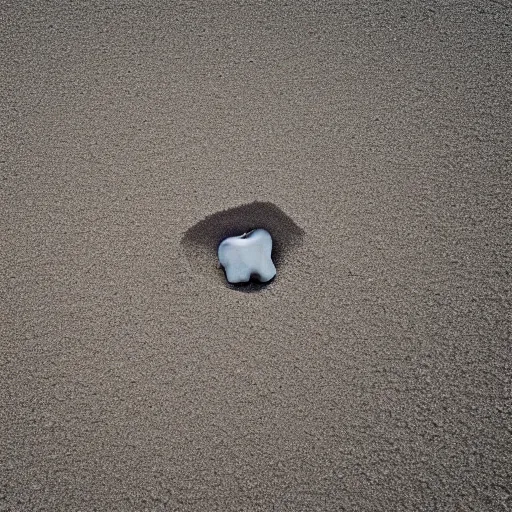 Image similar to A plastic apple in a exposure room exploding into thousands of grey sand pieces flying in all directions, the grey sand pieces leave a gray sand trail, 40nm lens, shallow depth of field, split lighting, 4k,