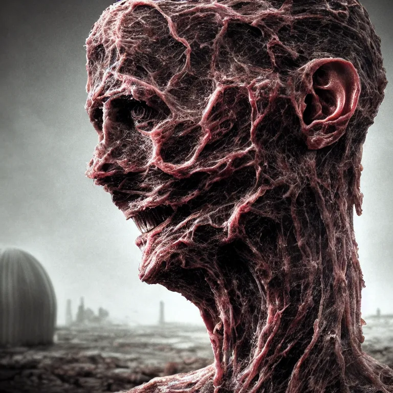 Prompt: still life of ribbed abandoned man face portrait on exoplanet, covered with organic flesh, meat, standing in a desolate empty wasteland, baroque painting, creepy, nightmare, dream-like heavy atmosphere, surreal abandoned buildings, baroque painting, beautiful detailed intricate insanely detailed octane render trending on Artstation, 8K artistic photography, photorealistic, chiaroscuro, Raphael, Caravaggio, Beksinski, Giger