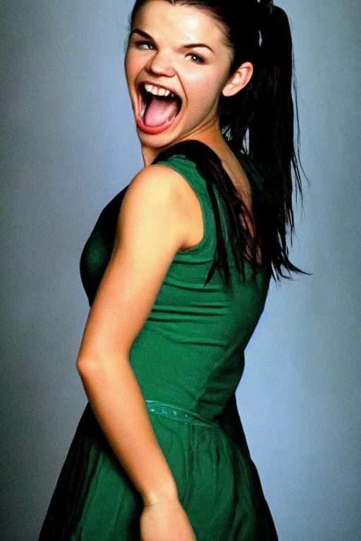 Image similar to fantasy character photo. facial expression of manic obsessive love. danielle campbell. black hair in ponytail. bright blue eyes. tall, lanky, athletic, wiry, slightly muscular. sleeveless light green dress. gleefully telling a bs story full of lies