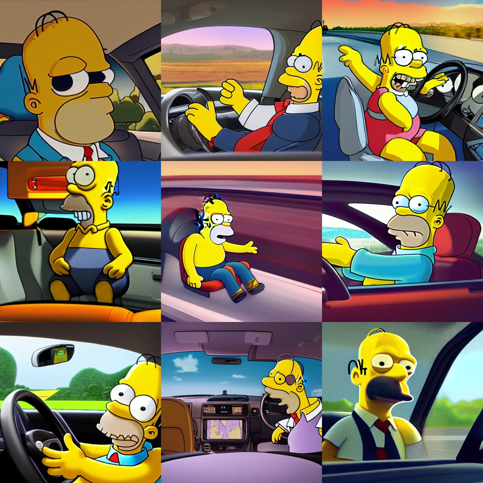 Prompt: homer simpson commuting to work, driving on highway, depressed expression, harsh lighting, car interior, cgi render 4 k artstation, redshift octane render,