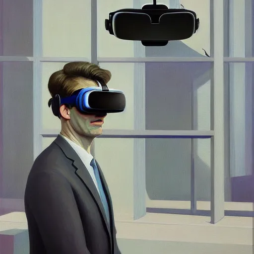 Prompt: Portrait of a man wearing a business wearing vr glass, very coherent, painted by Edward Hopper, Wayne Barlowe, painted by James Gilleard, airbrush, art by JamesJean