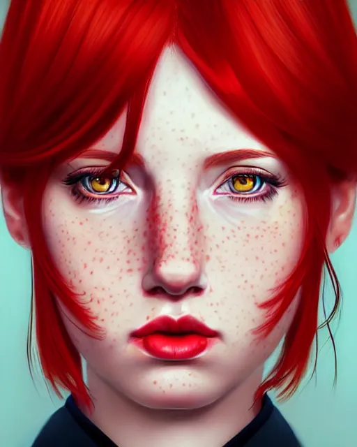 Prompt: a detailed portrait of a pretty!! female president with red hair and freckles, 1 8 0 2, by ilya kuvshinov, digital art, dramatic lighting, dramatic angle