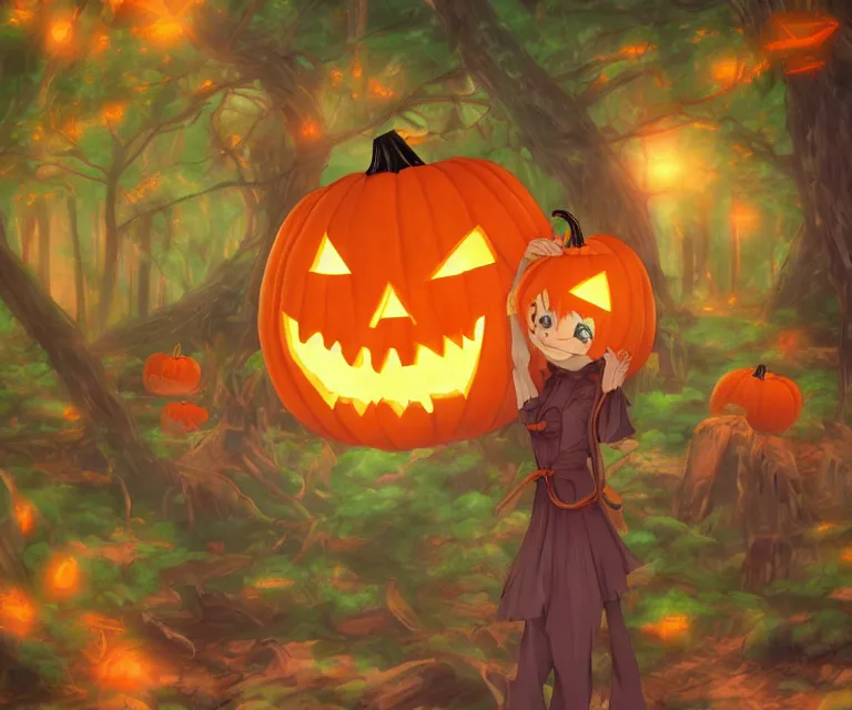 Image similar to jack - o - lantern in a forest, anime fantasy illustration by tomoyuki yamasaki, kyoto studio, madhouse, ufotable, comixwave films, trending on artstation