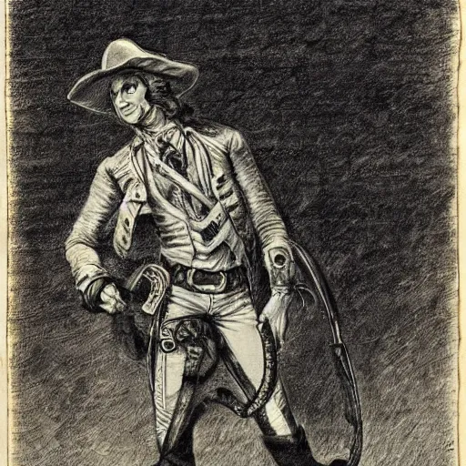 Prompt: snake as a cowboy, 18th century drawing