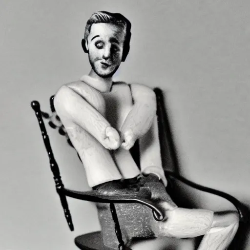 Prompt: Porcelain doll Ryan gosling sits on a rocking chair, realism, proportions,