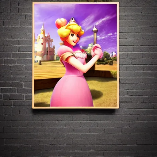 Image similar to poster of princess peach hanging on a wooden wall, realistic photo