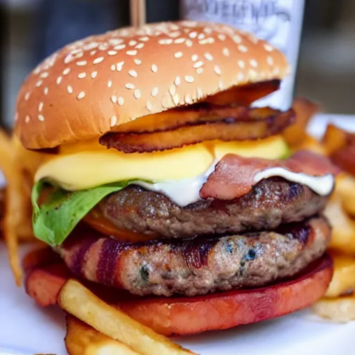 Prompt: bacon bacon burger bacon soda bacon fries, award winning food photography