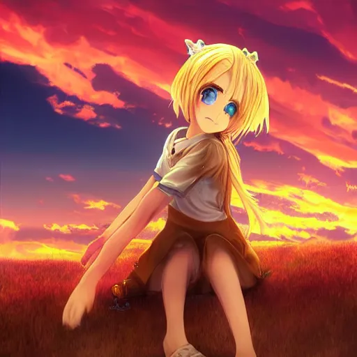 Image similar to blonde - haired princess, anime princess, wearing casual clothing, golden hour, partly cloudy sky, red clouds, orange sky, old town, strong lighting, strong shadows, vivid hues, ultra - realistic, sharp details, subsurface scattering, intricate details, hd anime, 2 0 1 9 anime