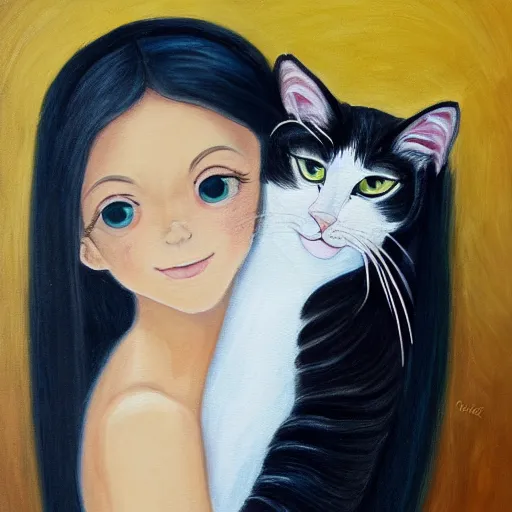 Image similar to a painting of a girl with long dark hair holding a cat in her arms, pexels contest winner, rasquache, high quality photo, rtx, hd, shiny eyes, a renaissance painting by sailor moon, anime, anime aesthetic