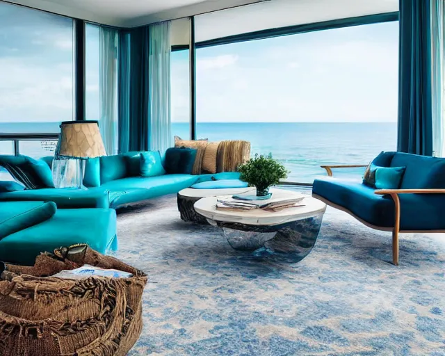 Image similar to A modern living room in a ocean hues style, inspired by the ocean, ocean view, luxurious wooden coffee table, calm, relaxed style, harmony, wide angle shot, 8k resolution