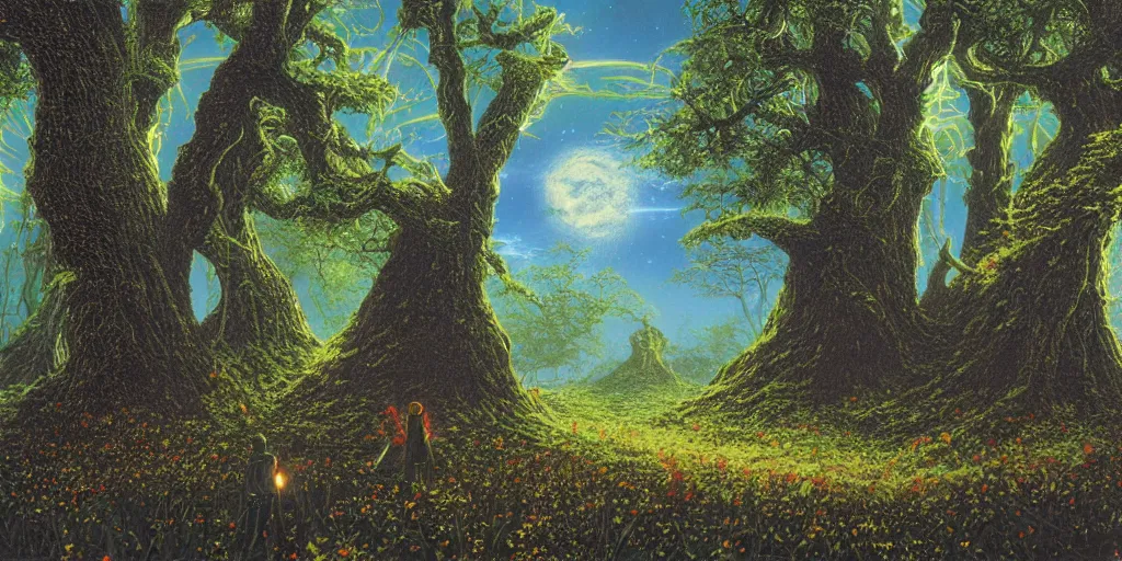 Prompt: Artwork by Tim White of the cinematic view of the Celestial Forest of Buried Enchantments.