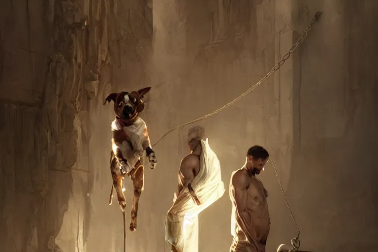 Image similar to a man tied to a pillar and jack russel terrier pissing on him, highly detailed, hyperrealistic digital painting, artstation, concept art, smooth, sharp focus, illustration, cinematic lighting, art by artgerm and greg rutkowski and alphonse mucha