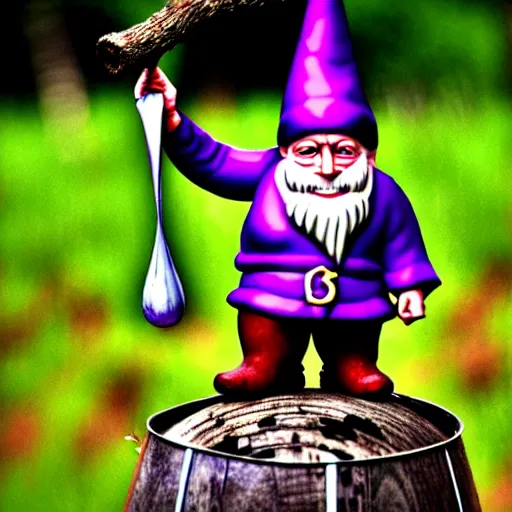 Prompt: purple gnome controlling spirits to fight off tree people in a winery. fantasy