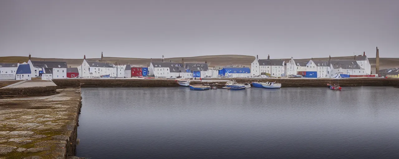 Prompt: a color landscape photograph of the harbour at Stromness orkney, by Vanda Ralevska, wide angle, background blur ethereal, fog, quiet, tranquil, light, high-key