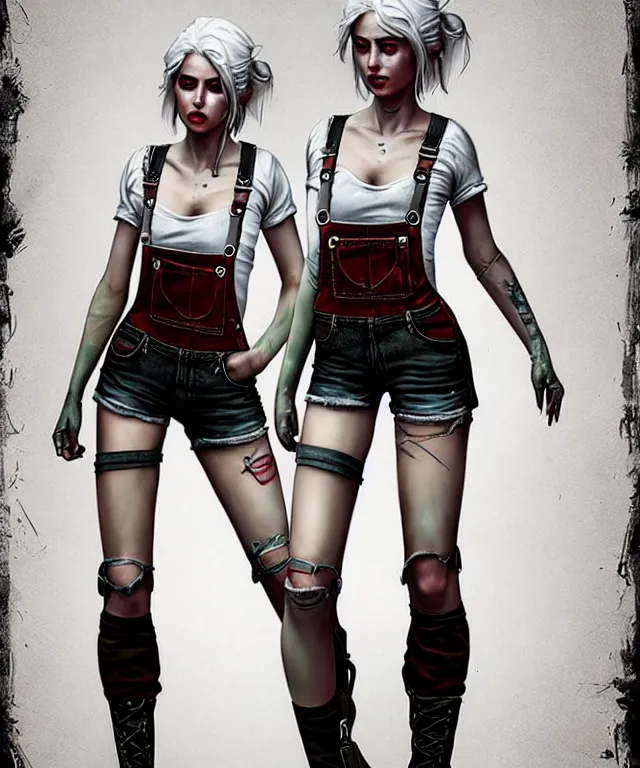 Image similar to full body pose, grungy ciri, torn overalls, short shorts, combat boots, fishnets, beautiful, highly detailed face, true anatomy!, extremely detailed!, digital painting, unreal engine 5, art by tom bagshaw