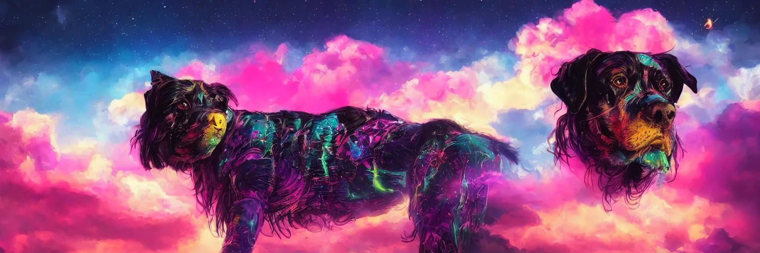 Image similar to hyperdetailed illustration, portrait big dog face, mohawk, stars, dark, pink, big train in space, pirate neon ship, neon, oil painting, rich deep colors masterpiece, ultra detailed, contrast, heaven pink, clouds, volumetric light, atmospheric lighting, dramatic, cinematic, moody, octane render 4 k, 8 k