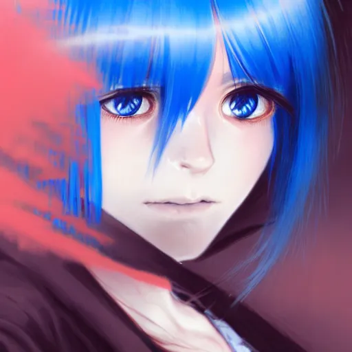 Image similar to full face shot of rimuru tempest, sky blue straight hair, long bangs, with amber eyes, wearing a black jacket, high collar, ultra detailed, concept art, award winning photography, digital painting, cinematic, wlop artstation, closeup, pixiv, evil, yoshitaka amano, andy warhol, ilya kuvshinov,