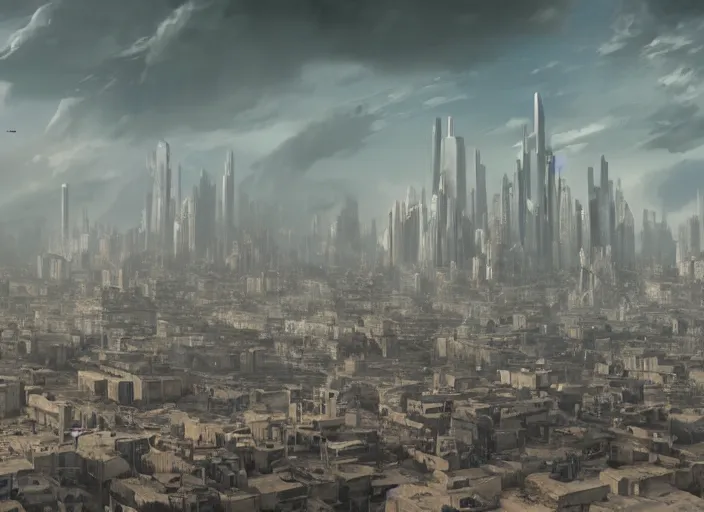 Prompt: polluted city of a dying world, cinematic matte painting