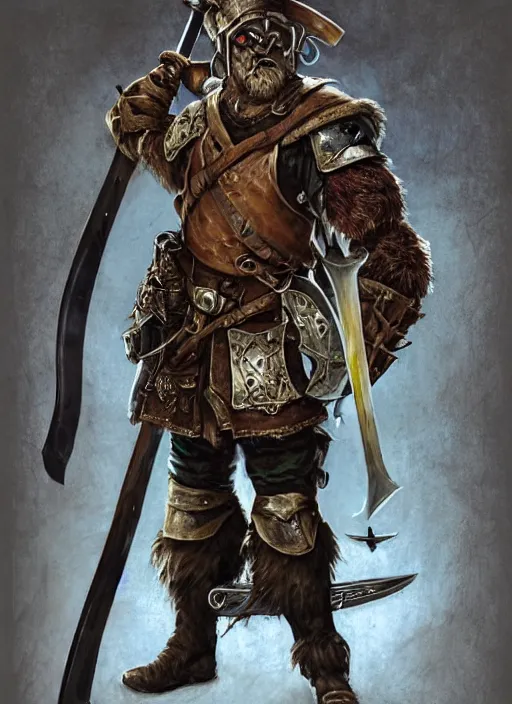 Image similar to strong young man, photorealistic bugbear ranger holding sword, fire magic, black beard, dungeons and dragons, pathfinder, roleplaying game art, hunters gear, jeweled ornate leather and steel armour, concept art, character design on white background, by norman rockwell, makoto shinkai, kim jung giu, artstation trending, poster art, colours red and green