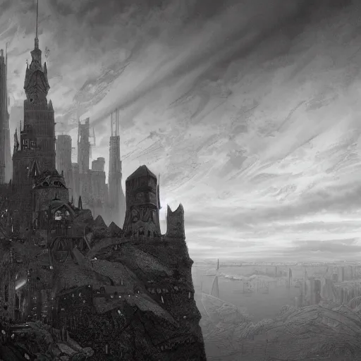 Prompt: an ultra detailed matte painting of a lonely and impossibly tall ominous dark tower elevated high above the city, on an isolated plateau island in a river elevated high above the city fortress tower, fantasy capital city, ultrawide lense, aerial photography, volumetric lighting, exquisite detail, 8 k, art by m. c. escher and greg rutkowski and alphonse mucha