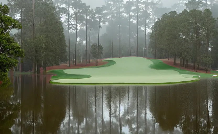 Image similar to nr. 1 2 at augusta national, the masters, many beautiful flowers and magnlia trees, completely flooded with brown water during rain storm, beautiful ambient light, fog,