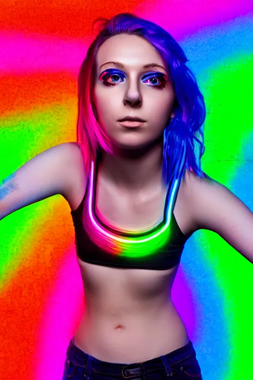 Image similar to a award winning half body portrait photograph of a beautiful woman with stunning eyes in a croptop and cargo pants with rainbow colored hair, routlined by whirling illuminated neon lines, outrun, vaporware