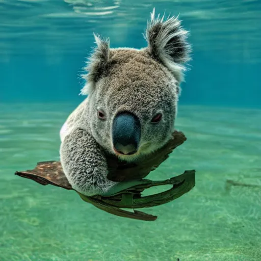 Prompt: koala swimming under water with his friend a frog