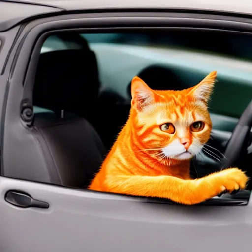 Prompt: an orange tabby cat driving a car